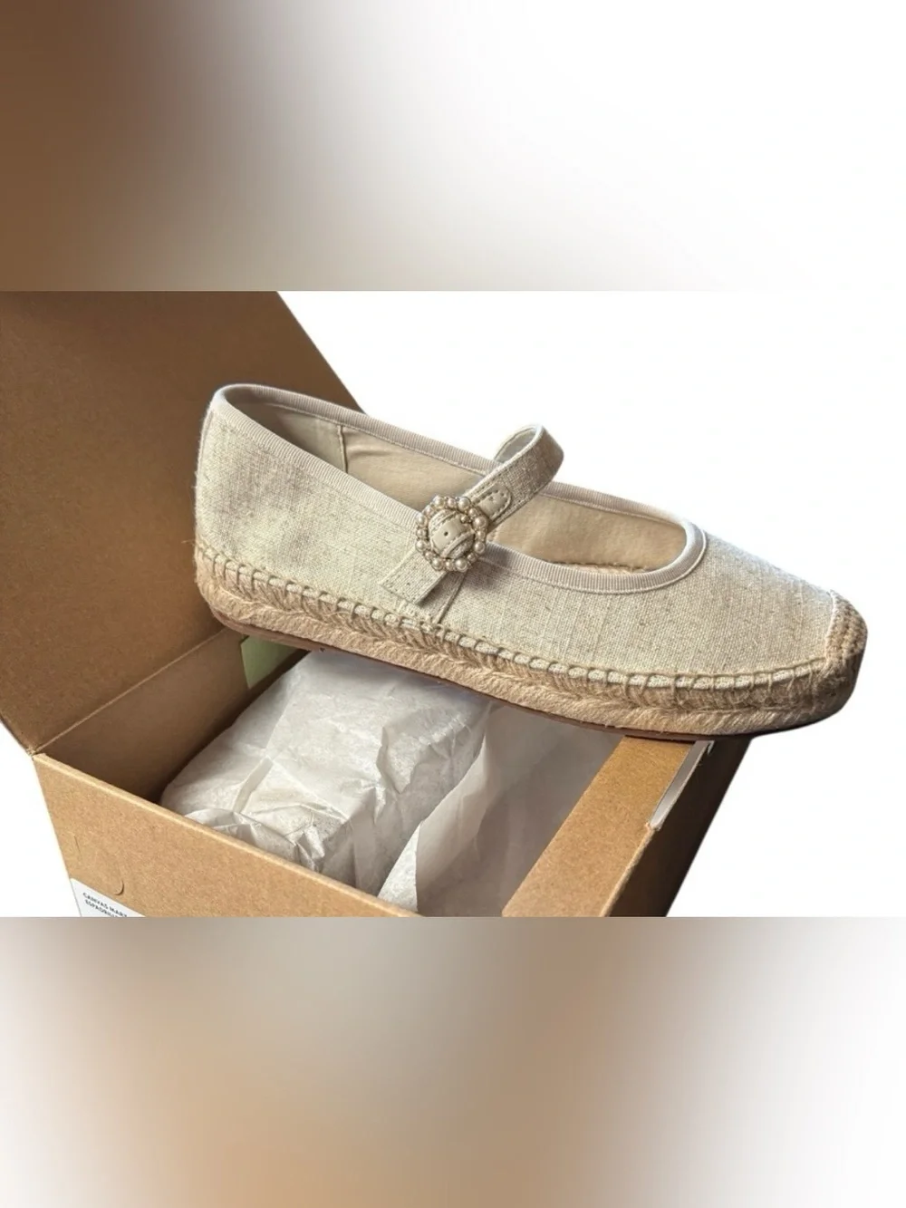 J.Crew Women’s Cream Espadrille Mary Jane Flats with Pearl Buckle size 6